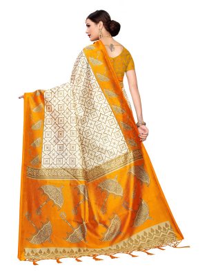 Wedding Umbrella Yellow Printed Mysore Art Silk Kanjivaram Sarees With Blouse