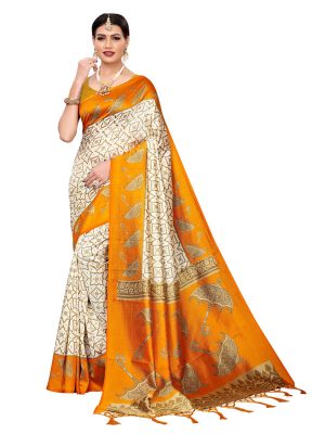 Wedding Umbrella Yellow Printed Mysore Art Silk Kanjivaram Sarees With Blouse