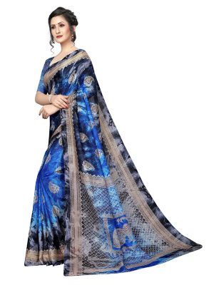 Prism Keri Blue Printed Jute Silk Saree With Blouse