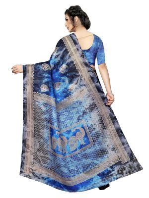 Prism Keri Blue Printed Jute Silk Saree With Blouse