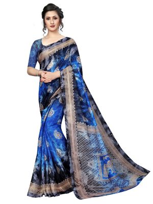 Prism Keri Blue Printed Jute Silk Saree With Blouse
