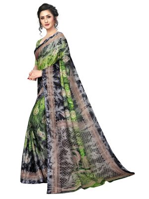 Prism Keri Green Printed Jute Silk Saree With Blouse