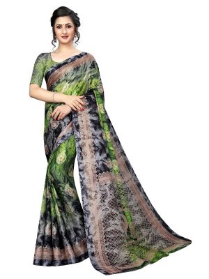Prism Keri Green Printed Jute Silk Saree With Blouse