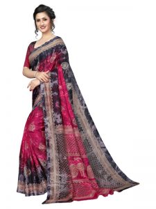 Prism Keri Pink Printed Jute Silk Saree With Blouse