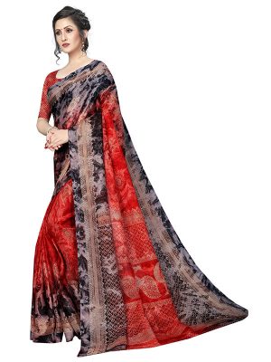 Prism Keri Red Printed Jute Silk Saree With Blouse