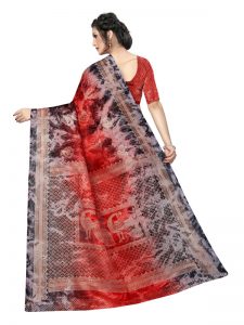 Prism Keri Red Printed Jute Silk Saree With Blouse