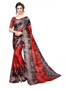 Prism Keri Red Printed Jute Silk Saree With Blouse