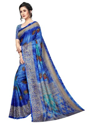 Prism Mor Blue Printed Jute Silk Saree With Blouse