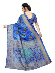 Prism Mor Blue Printed Jute Silk Saree With Blouse