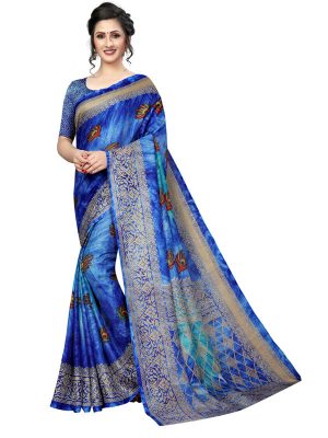 Prism Mor Blue Printed Jute Silk Saree With Blouse