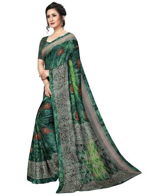 Prism Mor Green Printed Jute Silk Saree With Blouse
