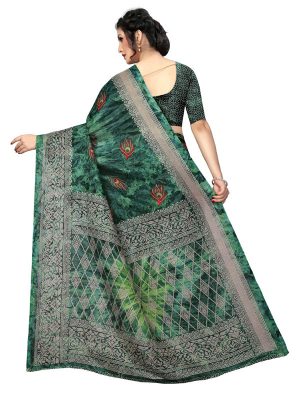 Prism Mor Green Printed Jute Silk Saree With Blouse