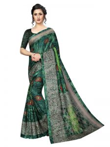 Prism Mor Green Printed Jute Silk Saree With Blouse