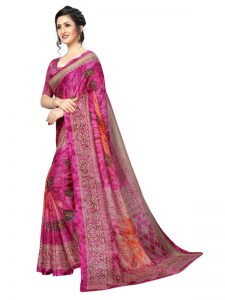 Prism Mor Pink Printed Jute Silk Saree With Blouse