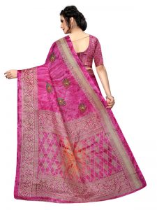 Prism Mor Pink Printed Jute Silk Saree With Blouse