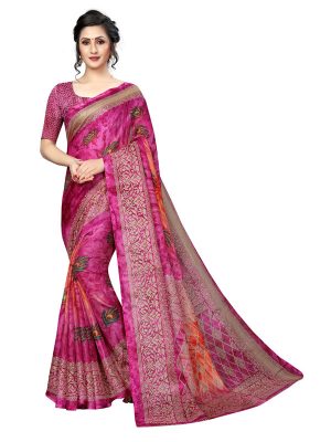 Prism Mor Pink Printed Jute Silk Saree With Blouse