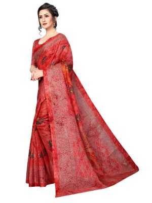 Prism Mor Red Printed Jute Silk Saree With Blouse