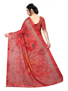 Prism Mor Red Printed Jute Silk Saree With Blouse