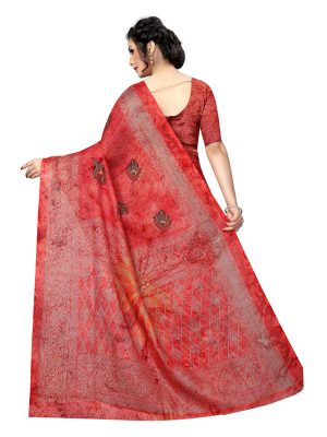 Prism Mor Red Printed Jute Silk Saree With Blouse