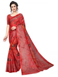 Prism Mor Red Printed Jute Silk Saree With Blouse