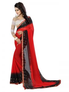 Black Red Bandhani Shiffon Saree With Blouse