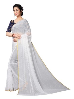 Bundi White Shiffon Saree With Blouse