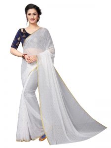 Bundi White Shiffon Saree With Blouse