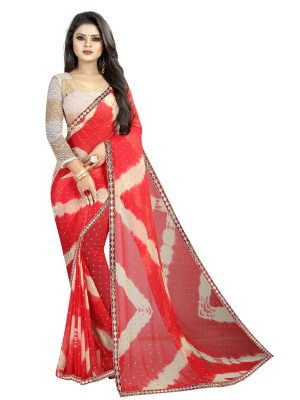 Lehariya Bindu Red Shiffon Saree With Blouse