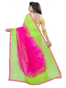 Pink Green Bandhani Shiffon Saree With Blouse