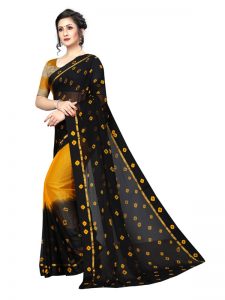 Satin Bandhani Black Shiffon Saree With Blouse