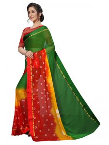 Satin Bandhni Green Shiffon Saree With Blouse