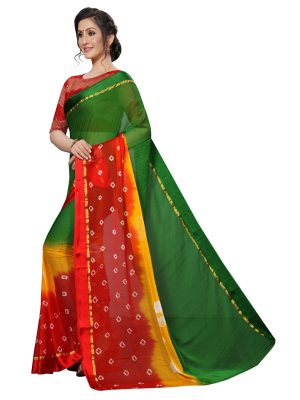 Satin Bandhni Green Shiffon Saree With Blouse