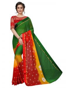 Satin Bandhni Green Shiffon Saree With Blouse