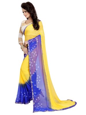 Yellow Blue Bandhani Shiffon Saree With Blouse