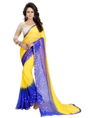 Yellow Blue Bandhani Shiffon Saree With Blouse