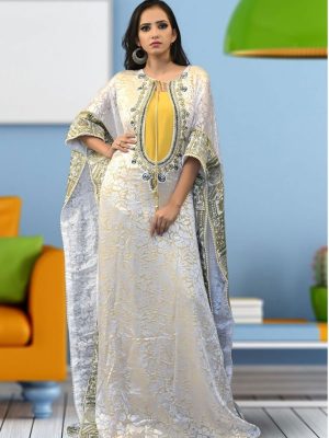 Partywear Thread Work White And Yellow Color Kaftan