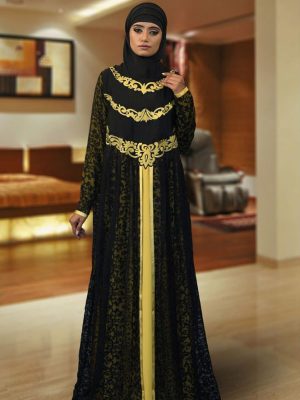 Partywear Dubai Black And Yellow Color Kaftan
