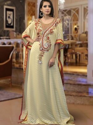 Dubai Ladies Embroidery Evening Dress Kaftan Biskit Color