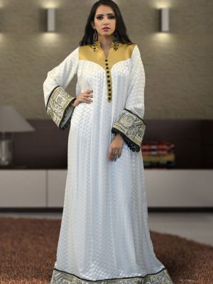 Off White Color Thread Work Abaya Kaftan