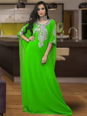 Embroidered Hand Made Green Color Free Size Kaftan