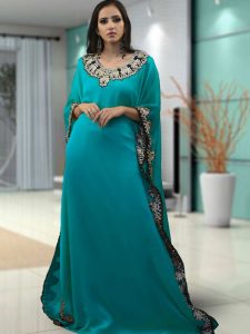 Evening Islamic Party Wear Sea Green Dress Kaftan