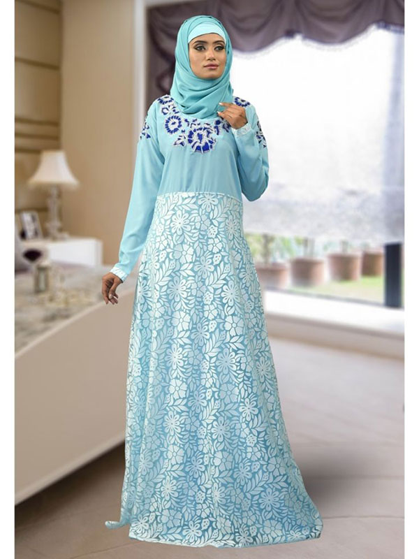 Formal Abaya Maxi Dress Aqua Blue - Zakarto