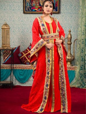 Morrocon Style Embroidery Red Color Kaftan
