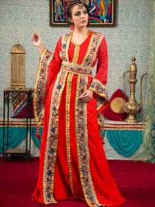 Morrocon Style Embroidery Red Color Kaftan