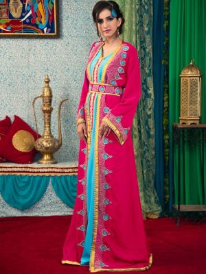 Pink And Aqua Blue Color Thread Work Morrocon Kaftan