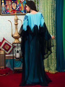 Aqua Blue And Black Modest Muslim Evening Dress