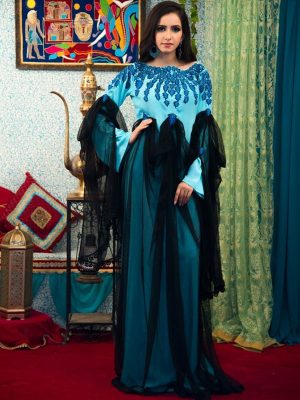 Aqua Blue And Black Modest Muslim Evening Dress