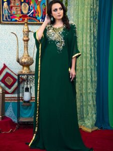Dark Green Color Georgette Hand Beaded Kaftan