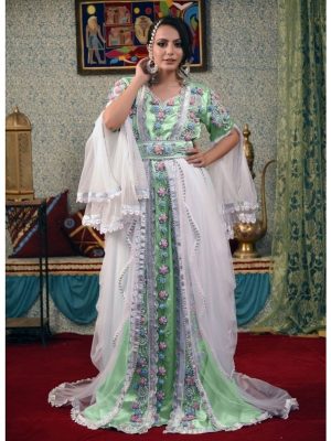 White Color Designer Handmade Arabic Moroccan Long Sleeve Wedding Kaftan