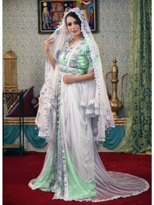 White Color Designer Handmade Arabic Moroccan Long Sleeve Wedding Caftan With Veil